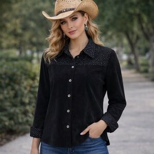 VINTAGE Cynthia Taylor Faux Suede Womens Black Beaded Button Up Jacket Blouse